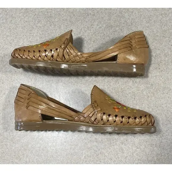 Sandua Women's Floral Embroidered Flats Size 7 Mexican Sandals Brown Leather - Picture 5 of 11